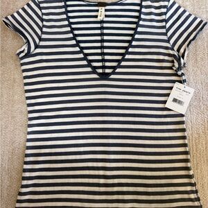 We The Free Striped Navy and White V-Neck Tee